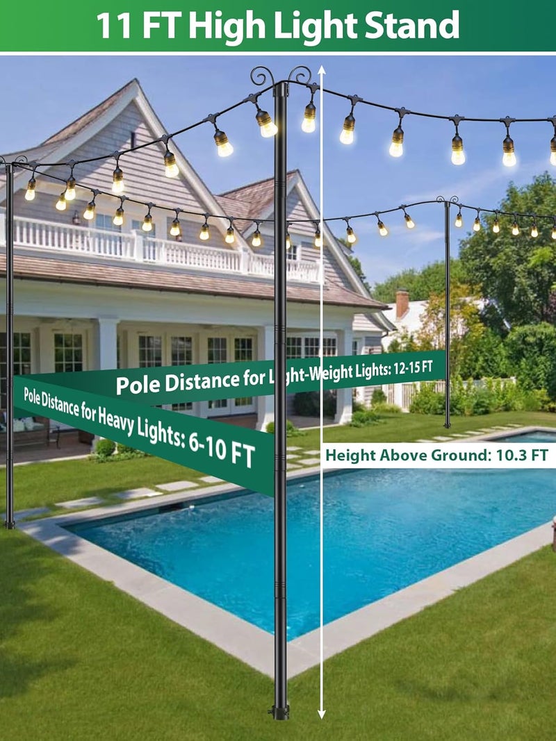 Feblomst String Light Poles for Outside, 11 Feet Lights Poles with Mount Anchor, Outdoor Lighting Poles Hanging Backyard Garden Party Wedding Decorations, Heavy Duty Metal Stand Posts for Bistro, Anti-Rust - Image 4